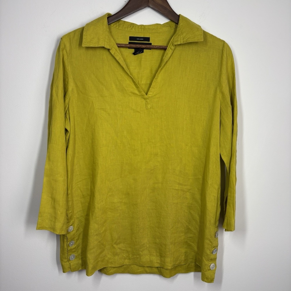 Tahari Womens 100% Linen Tunic Top Size M Green Pullover Lagenlook Beachy Office
